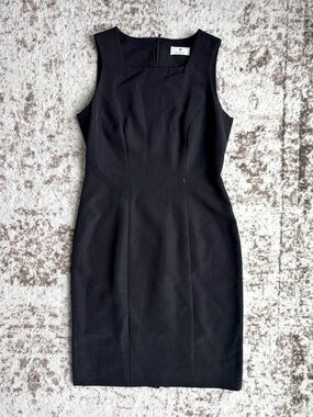 Vintage Etienne Aigner Square Neck Tailored Sheath Midi LBD Black Dress